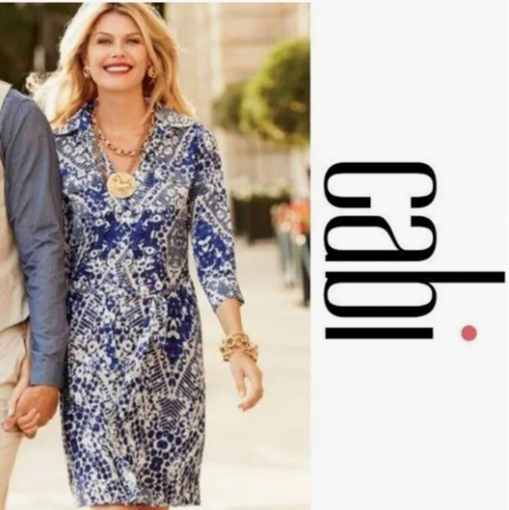 Cabi Blue Jewel Print Button Up Shirt Dress #422 S